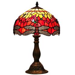 Speculo Lighting Tiffany Style Table Lamp W12H18 Inch Red Dragonfly Stained Glass Crystal Bead Shade Reading Light for Living Room Bedroom Study Bar Antique Art Craft Gift