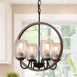 Giluta Industrial Metal Chandelier Island Pendant Lighting Kitchen Light Fixture Elegant Style Hanging Ceiling Light 4 Lights for Bedroom Dinning Room Loft Foyer with 4 Glass Shades