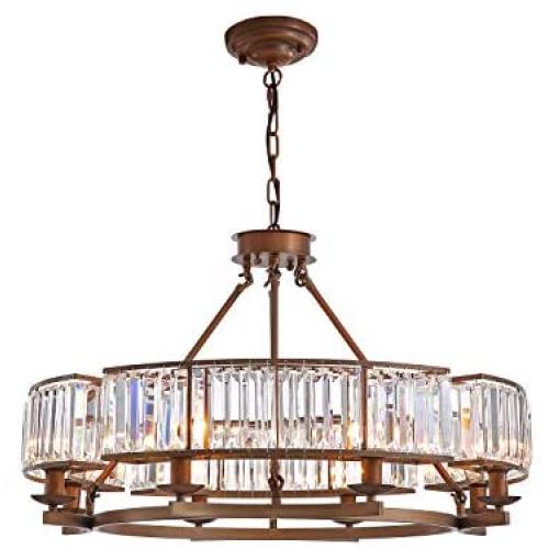 Siljoy Luxury Round Crystal Chandelier Modern LED Dimmable 8-Lights Pendant Lighting Vintage Flush Mount Brown Ceiling Fixture for Dining Room Kitchen Entryway, Dia 31.5''