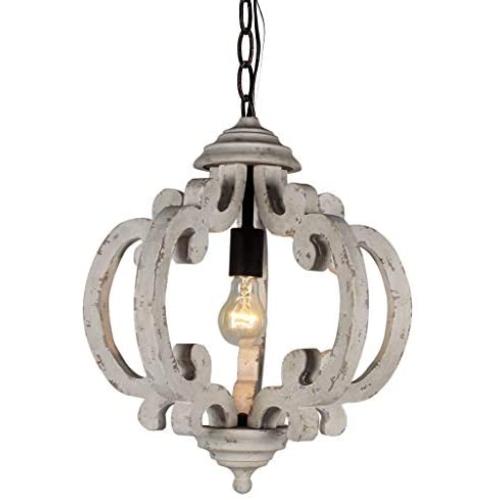 DOCHEER Vintage Distressed White Metal Wood Chandelier 1-Light Wooden Pendant Chandeliers Light Fixtures for Dining Room, Living Room, Bedroom, Kitchen Island, Foyer, Entryway, Hallway
