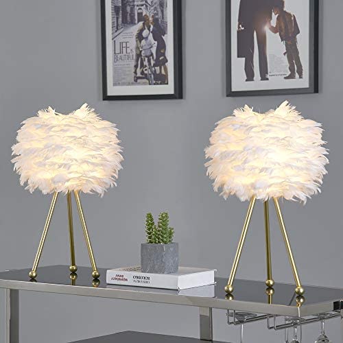 Maxax Tripod Table lamp Set of 2 Feather Beside Table Lamps, Nightstand Lamp with Gold Finish for Bedrooms/Living Room/Dining Room/Kitchen