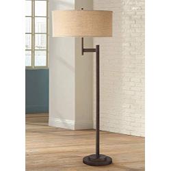 Parker II Light Blaster Modern Floor Lamp Oil Rubbed Bronze Metal Burlap Drum Shade for Living Room Reading Bedroom Office - Possini Euro Design