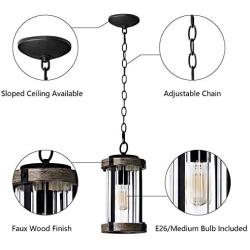 MOTINI Outdoor Pendant Light Fixture for Porch, 1-Light Exterior Hanging Lantern in Black and Wood Finish with Clear Ribbed Glass, Bulb Included