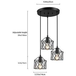 Industrial 3-Light Pendant Lighting Adjustable Hanging Light Fixtures Vintage Farmhouse Pendant Light with Black Metal Cage E26 Base for Kitchen Island Dining Room Living Room Hotel Shop and Bar