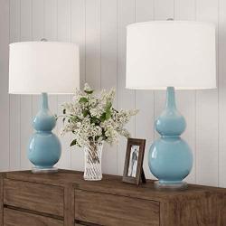 Lavish Home Table Lamps – Set of 2 Ceramic Double Gourd Vintage Style for Bedroom, Living Room or Office with Energy Efficient LED Bulbs (Blue)