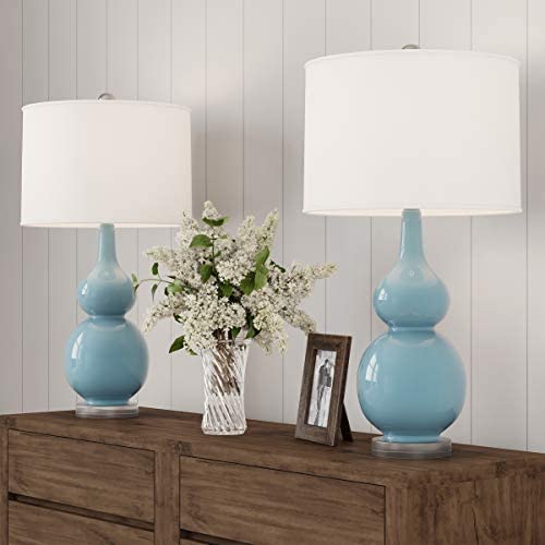 Lavish Home Table Lamps – Set of 2 Ceramic Double Gourd Vintage Style for Bedroom, Living Room or Office with Energy Efficient LED Bulbs (Blue)