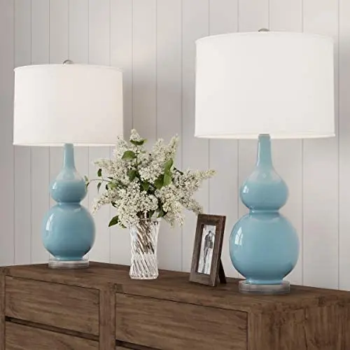 Lavish Home Table Lamps – Set of 2 Ceramic Double Gourd Vintage Style for Bedroom, Living Room or Office with Energy Efficient LED Bulbs (Blue)