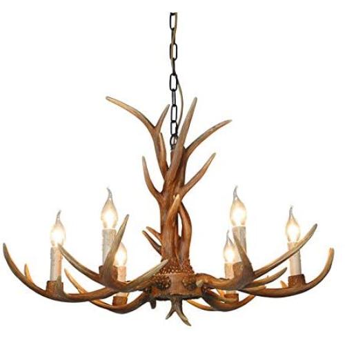 Retro Antler Chandelier, American Countryside Deer Horn Ceiling Lights, Pendant Light for Living Room Dining Room Cafe Kitchen Bar (6 Lights-Brown)