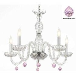 Murano Venetian Style Chandelier Lighting with Pink Crystal Balls! H 25'' W 24'' - Perfect for Kids and Girls Bedroom!