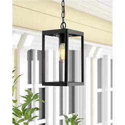 Beionxii Outdoor Pendant Light, Modern Exterior Hanging Porch Lantern, Sanded Black Aluminum with Clear Cylinder Glass - A291H-1PK