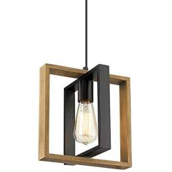 Ken & Ricky Kitchen Island Lighting, Farmhouse Pendant Light, Vintage Ceiling Hanging Light Fixture for Dining Room Kitchen, Metal Black with Solid Wood Frame