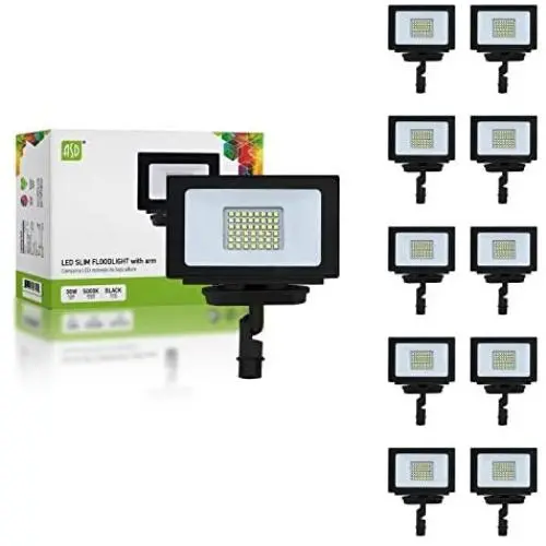 ASD 30W LED Flood Light with Arm - 5000K Daylight 3056 Lm - 70W MH Equivalent - IP65 Waterproof - 120V Commercial Super Bright LED Floodlight Outdoor Garage - Black Finish - UL & DLC Standard, 10-Pack