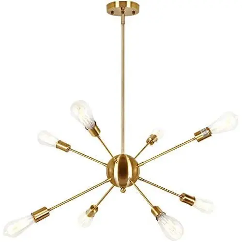 T&A Sputnik Chandelier Modern 8 Lights Brass Pendant Lighting Light Gold Mid Century Ceiling Lighting Fixture for Dining Room Bed Room Kitchen