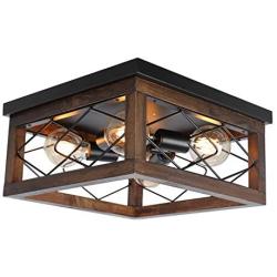 PUZHI HOME Farmhouse Wood Flush Mount Ceiling Light Fixture, Square Close to Ceiling Light Industrial Black Metal Rustic Island Light Fixtures with 4 E26 Blub Socket for Farmhouse Kitchen Dining Room