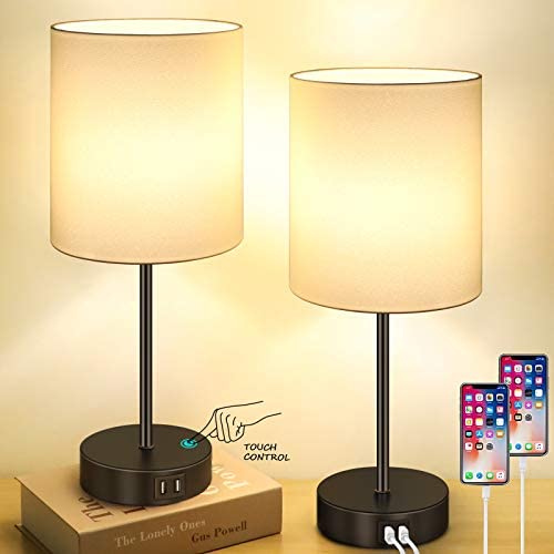 Set of 2 Touch Control 3-Way Dimmable Bedside Table Lamp, 2 USB Charging Ports Nightstand Lamp with 2700K Warm White Bulbs, Round Fabric Shade Modern Desk Reading Lamp for Bedroom Living Room