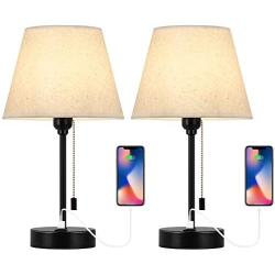 Bedside Lamps Set of 2, Small Table Lamp Modern Nightstand Lamps with USB Charging Ports Fabric Shades for Home, Bedroom, Living Room, Office or College Dorm