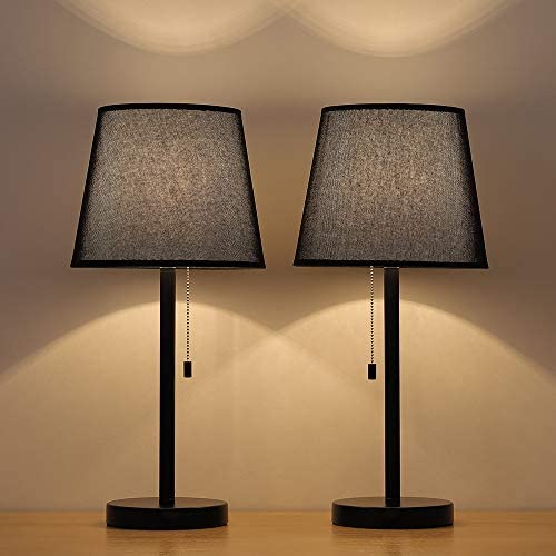 HAITRAL Bedside Table Lamps - Modern Nightstand Lamps Set of 2 for Bedroom, Dorm, Living Room with Pull Chain Switch, Black
