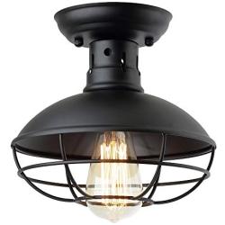 ZZ Joakoah Industrial Vintage Rustic Semi Flush Mount Ceiling Light, Metal Cage Pendant Lighting Lamp Fixture for Hallway Stairway Kitchen Garage Porch, E26, Black Painting Finish.