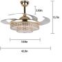 Crystal Ceiling Fan with Light, 42 Inch Chandelier Fans Light LED Remote Retractable Blades 3 Speeds Three Change Colors Crystal Invisible Fan Lamp For Bedroom Dining Living Room Gold