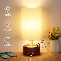 USB Table Lamp, Boncoo Bedside Touch Control Lamp with 2 USB Charging Ports, Dimmable Minimalist Solid Wood Nightstand Lamp Round Fabric Shade for Bedroom Dresser Living Room, A19 6W LED Bulb Included