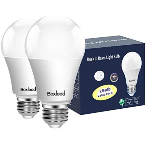 Dusk to Dawn A19 LED Light Bulb, Built in Light Sensor, Plug and Play,9W, 6000K Cool White, 60W Halogen Equivalent, E26, 120V, Auto On/Off Indoor Outdoor Lighting Bulb (2 Pack) by Boxlood