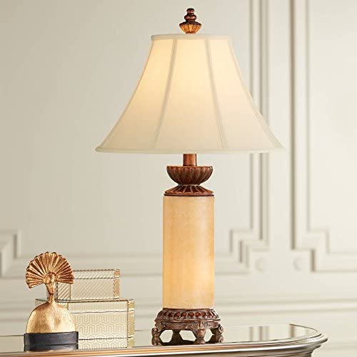 Traditional Table Lamp with Nightlight Bronze Onyx Column Off White Bell Shade for Living Room Family Bedroom - Barnes and Ivy