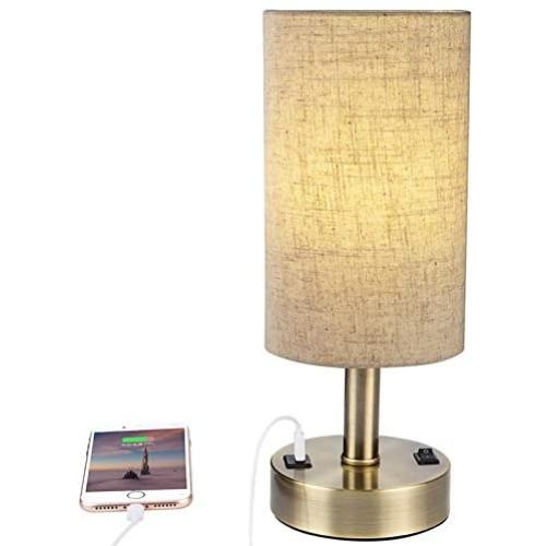 USB Table Lamp DEEPLITE Bedside Lamp with 5V / 2A USB Charging Port, Nightstand Lamp for Bedroom, Living Room, Bronze Metal Base, Cylinder Lampshade