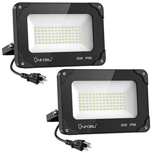 Onforu 2 Pack 50W LED Flood Light with Plug, 5000lm Super Bright LED Work Light, IP66 Waterproof Outdoor Security Lights, 6000K Daylight White Floodlight for Yard, Garden, Playground, Basketball Court