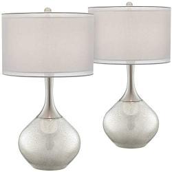 Swift Modern Table Lamps Set of 2 Mercury Glass Chrome Twin Sheer Drum Shade for Living Room Family Bedroom Bedside - Possini Euro Design