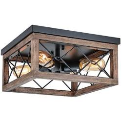 Eyassi Flush Mount Ceiling Light, Farmhouse Wooden Close to Ceiling Lighting Fixture Black Ceiling Lamp 4 Lights for Kitchen Island Living Room Bedroom Hallway Laundry Entryway