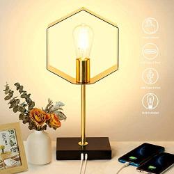 Industrial Touch Control Table Lamp with USB & Type-C Charging Ports, 3-Way Dimmable Gold Bedside Desk Lamps, Vintage Hexagon Nightstand Lamp for Bedroom Living Room Office, ST64 E26 LED Bulb Included