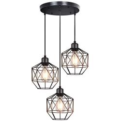 bgLight Industrial Semi Mount Pendant Light, 3 -Light Cage Haning Light Cluster Ceiling Chandeliers Pendant Lighting Fixture for Kitchen Isand, Dining Room,Living Room,Stariway -Black