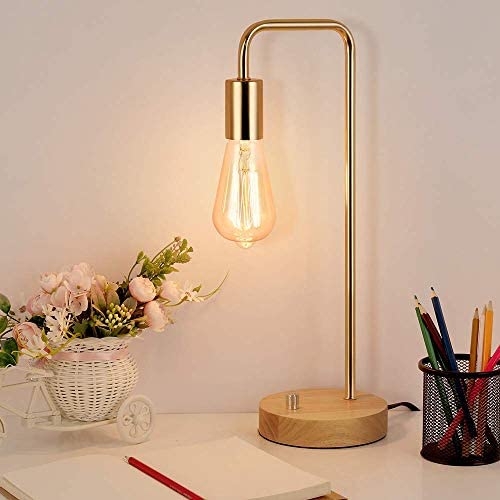 Industrial Desk Lamp Mini Table Lamp with Wooden Base Edison Lamp Rustic Nightstand Decor for Bedroom, Living Room, Dresser, College Dorm, Kids Room, Office (Gold)