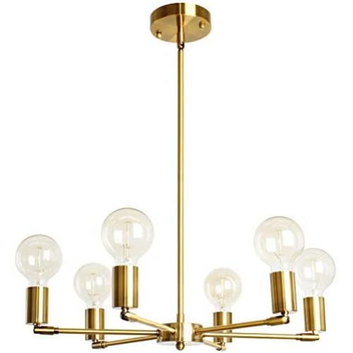 BAODEN 6 Lights Fixture Modern Gold Sputnik Chandelier Brushed Brass Mid Century Pendant Light Semi Flush Mount Hanging Lamps for Dining Bedroom Kitchen Lighting