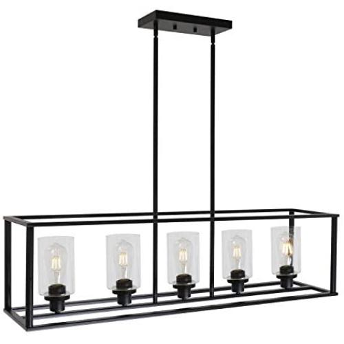 5 Light VINLUZ Modern Linear Kitchen Island Chandelier Black Finish with Clear Glass Shade Cage Pendant Ligh Hanging for Dining Room Kitchen Island Cafe Bar Restaurant