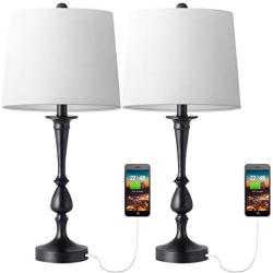 Oneach USB Table Lamp Set of 2 Modern Bedside Desk Lamps for Bedroom Living Room Office 25'' Black Nightstand Lamp