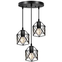 Industrial 3-Light Pendant Lighting, Adjustable Hanging Light Fixtures, Vintage Farmhouse Pendant Light with Metal Caged E26 Base for Kitchen Island Dining Room Living Room Hotel Shop and Bar, Black