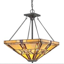 Modern Pendant Lighting Tiffany Style 3-Light 20-Inch Stained Glass Square Shade Iron Art Chandeliers Ceiling Island Light Fixtures Dining Room Living Room Bedroom