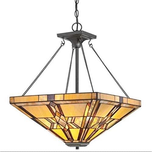 Modern Pendant Lighting Tiffany Style 3-Light 20-Inch Stained Glass Square Shade Iron Art Chandeliers Ceiling Island Light Fixtures Dining Room Living Room Bedroom