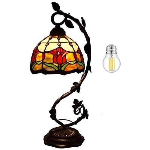 Tiffany Lamp Tulip Flower Stained Glass Style Table Reading Light W8H20 Inch (LED Bulb Included) S030 WERFACTORY LAMPS Parent Lover Kid Friend Living Room Bedroom Coffee Bar Desk Bedside Antique Gifts