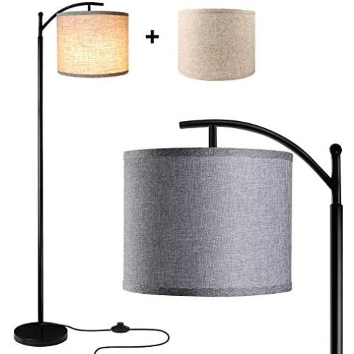 Floor Lamp for Living Room, LED Standing Lamp with 2 Hanging Lamp Shades(Beige & Gray), Tall Pole Classic Industrial Floor Lamp with 9W 3000K LED Bulb for Bedroom Study Office - Black