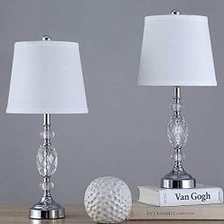 Pauwer Modern Clear Crystal Table Lamps Set of 2 Bedroom Living Room Bedside 19-inch Chrome Table Lamp Set with White Fabric Shade