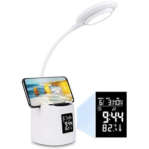 Hokone Study LED Desk Lamp with Screen Calendar Temperature, Kids Dimmable LED Table Lamp with Pen&Phone Holder Clock, Flexible Gooseneck Desk Reading Light for Students, 2000mAh Battery Operated