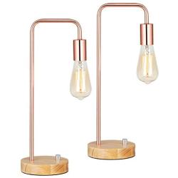 HAITRAL Modern Table Lamps, Industrial Bedside Lamps Set of 2 with Wooden Base, Metal Modern Bedside Lamp for Bedroom, Girls Room, Kids Room, Office - Rose Gold (Bulb Not Include)