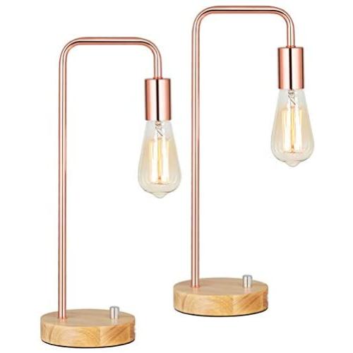 HAITRAL Modern Table Lamps, Industrial Bedside Lamps Set of 2 with Wooden Base, Metal Modern Bedside Lamp for Bedroom, Girls Room, Kids Room, Office - Rose Gold (Bulb Not Include)