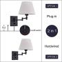 Wall Sconce Sets of 2 Wall Lamps with Plug in Cord Adjustable Swing Arm Wall Lights Bedroom Fabric Shade Wall Mount Sconce Fixtures for Living Room Bedside Hallway (Black base, White shade)