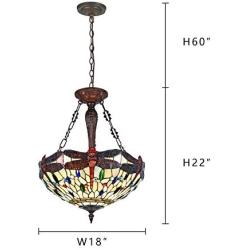 Capulina Tiffany Dining Table Lights, 3-Light Hanging Tiffany Style Lamp, 18 Inch Wide Stained Glass Dining Room Lights, Beautiful Dragonfly Inverted Ceiling Pendant Lights, Tiffany Hanging Light