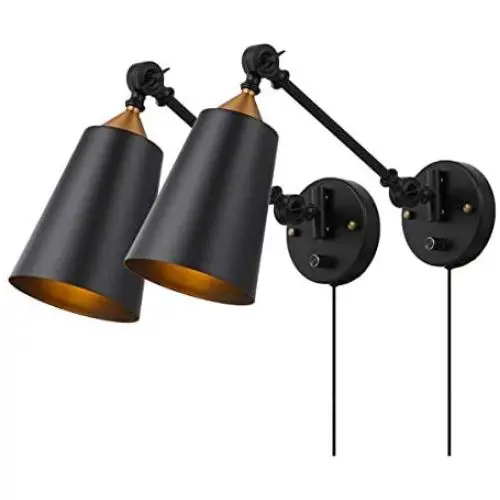 Pauwer Industrial Plug in Wall Sconces Set of 2 with On Off Switch Vintage Edison Swing Arm Wall Lamp Black Metal Shade Wall Light Fixtures