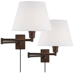 Clement Industrial Swing Arm Wall Lamps Set of 2 Oil Rubbed Bronze Plug-in Light Fixture White Linen Empire Shade for Bedroom Bedside Living Room Reading - 360 Lighting