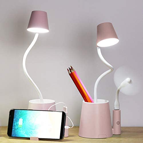 Desk Lamp Kids Small USB Rechargeable Student Cute Led Eye Protection Table Lamp Dimmable Touch Control, Storage with Phone & Pen Holder for Child, Girls, Boys, Gifts, Office, Home, Dorm, Room (Pink)